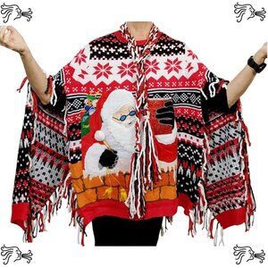 Upcycled Christmas Santa Sweater Poncho Handknotted Fringe Crochet Holiday Time
